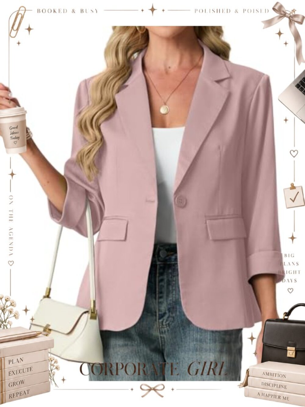 Lightweight 3/4 Sleeve Open Front Business Casual Blazer with Pockets